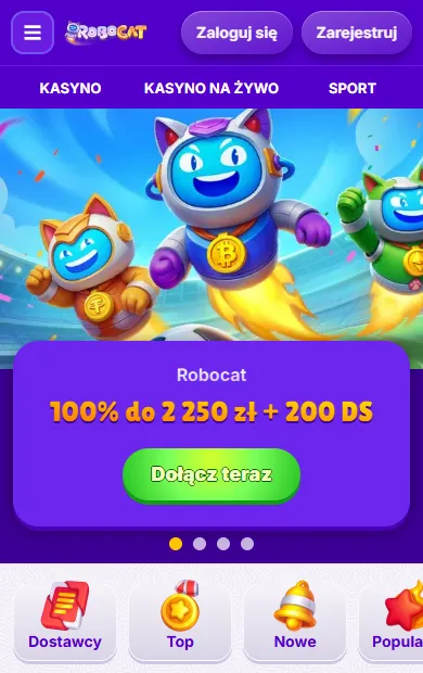 Robocat w wersji mobilnej Robocat Casino Online na telefonie – fioletowa belka, baner oferty i kategorie gier
